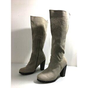 4"  WOMENS SIZE 9 SUEDE TAN CUT OUT PERFORATED KNEE HI BOOTS SZ 9